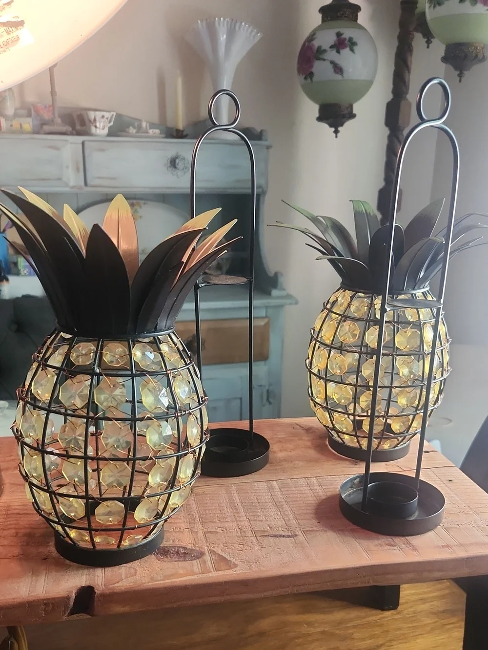 Set of 2 Metal Pineapple Candle Lanterns Amber Crystal Beads Bronze
